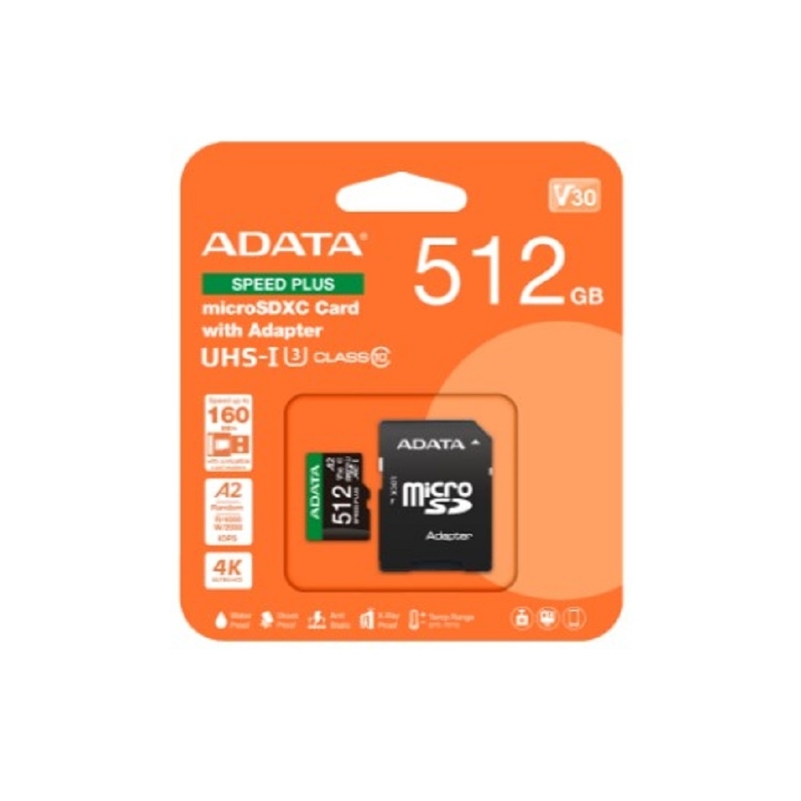 [RAM-4532] MEMORIA ADATA MICRO SDXC SPEED PLUS 512GB , U3/CL10/ V30/ A2 / 180MB/160 MB COMPATIBLE CON  PORTAIL, PC , TABLETA, CAMARA DE ACCION, PANORAMICA, DRONES, CON ADAPTADOR UD512GUI3V30A2SP-RA