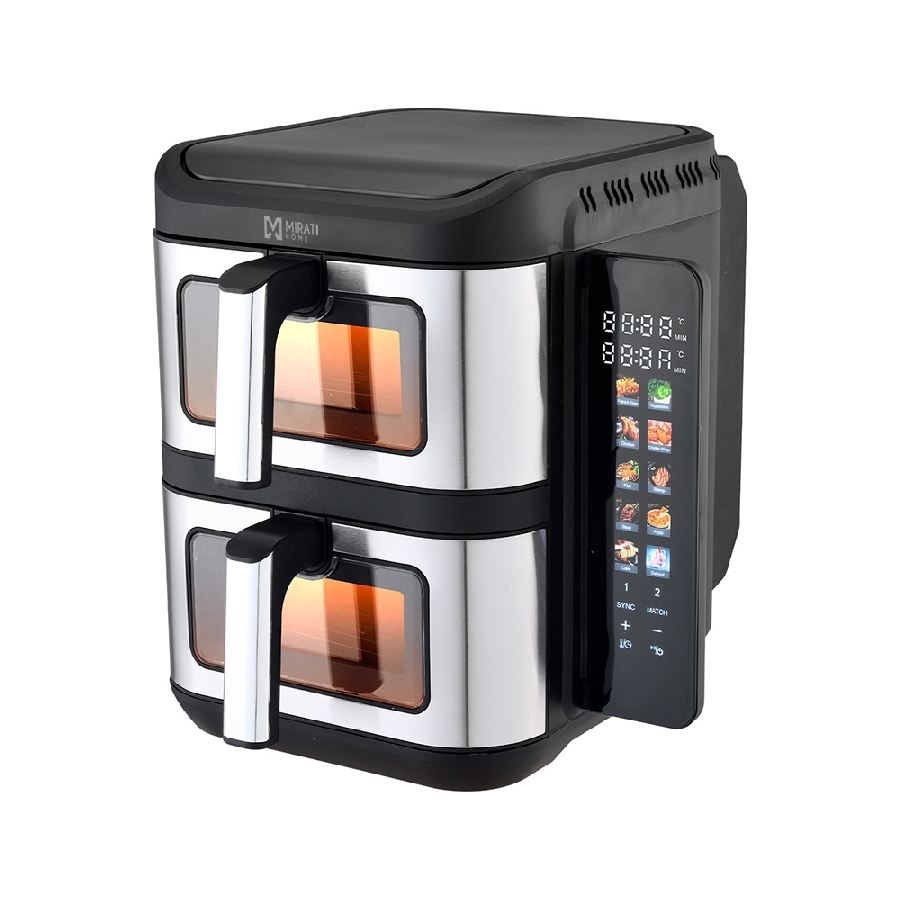 [FRE-14] FREIDORA DE AIRE DOBLE MIRATI DE 11 LITROS TOTALES CUENTA CON 2 CANASTAS DE 5.5L CADA UNA CON VENTANA, PANEL A COLOR Y RETRACTIL REGULACION DE TEMPERATURA INDIVIDUAL, 1800W, TEMPERATURA DE 60C-200C