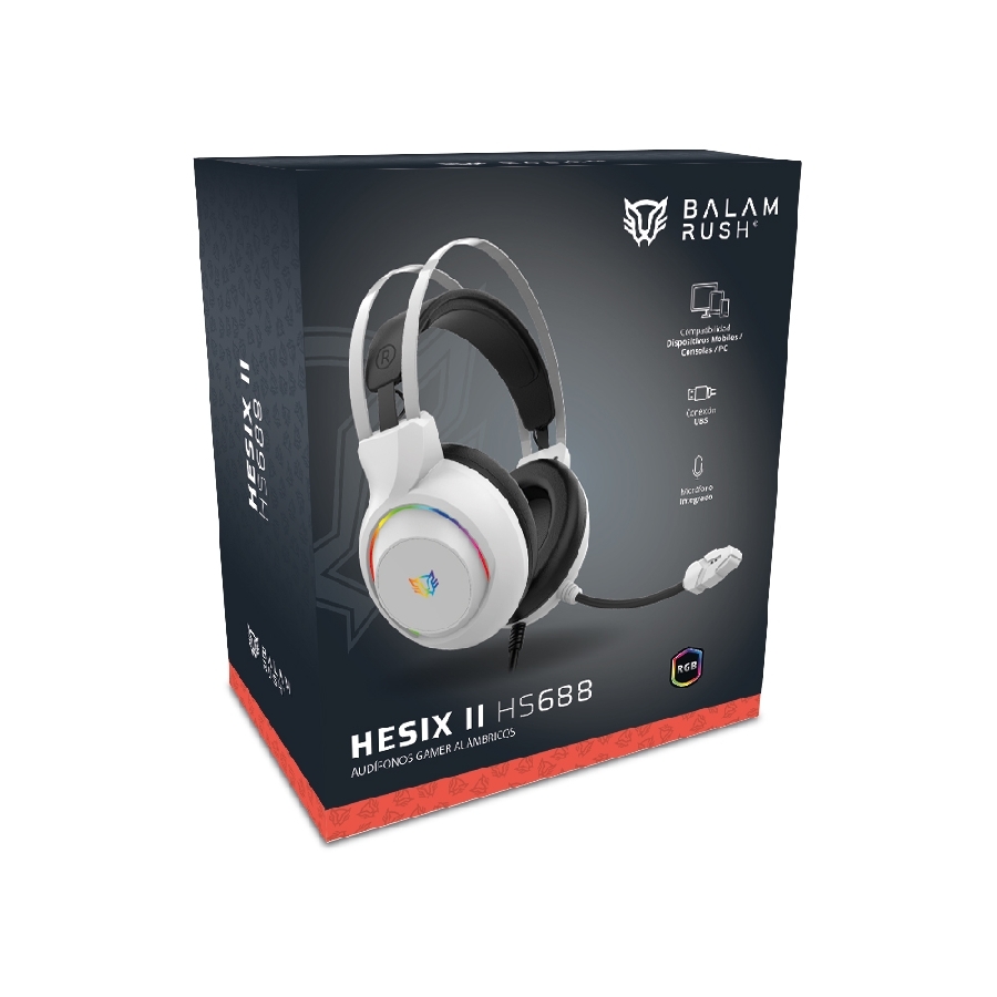 [SPK-2796] AUDIFONOS GAMER BALAM RUSH HESIX II HS688 / ALAMBRICOS / ALMOHADILLAS DE CUERO PROTEICO / AUX 3.5 MM - USB / PC, DISPOSITIVOS MOVILES, CONSOLAS / MICROFONO OMNIDIRECCIONAL / RGB / BLANCO / BR-941211