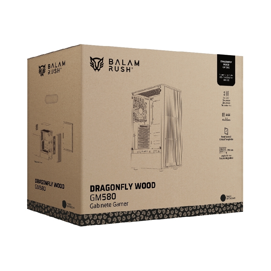 GABINETE GAMER BALAM RUSH DRAGONFLY WOOD GM580CB / MEDIA TORRE / ATX, MICRO-ATX, MINI ITX / INCLUYE 4 VENTILADORES ARGB 120 MM / CRISTAL TEMPLADO / NEGRO / BR-943949