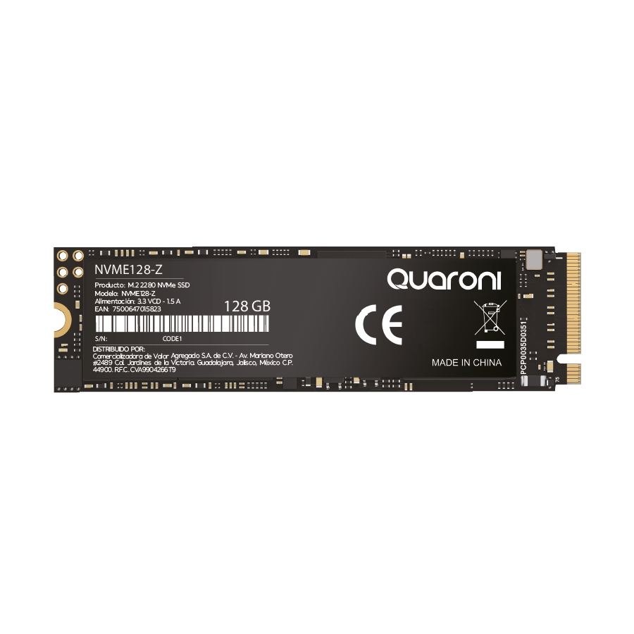 UNIDAD DE ESTADO SOLIDO M.2 NVME QUARONI/128GB/PCIE/3.0X4/LECT 2000MB/S/ESCRIT 1600MB/S