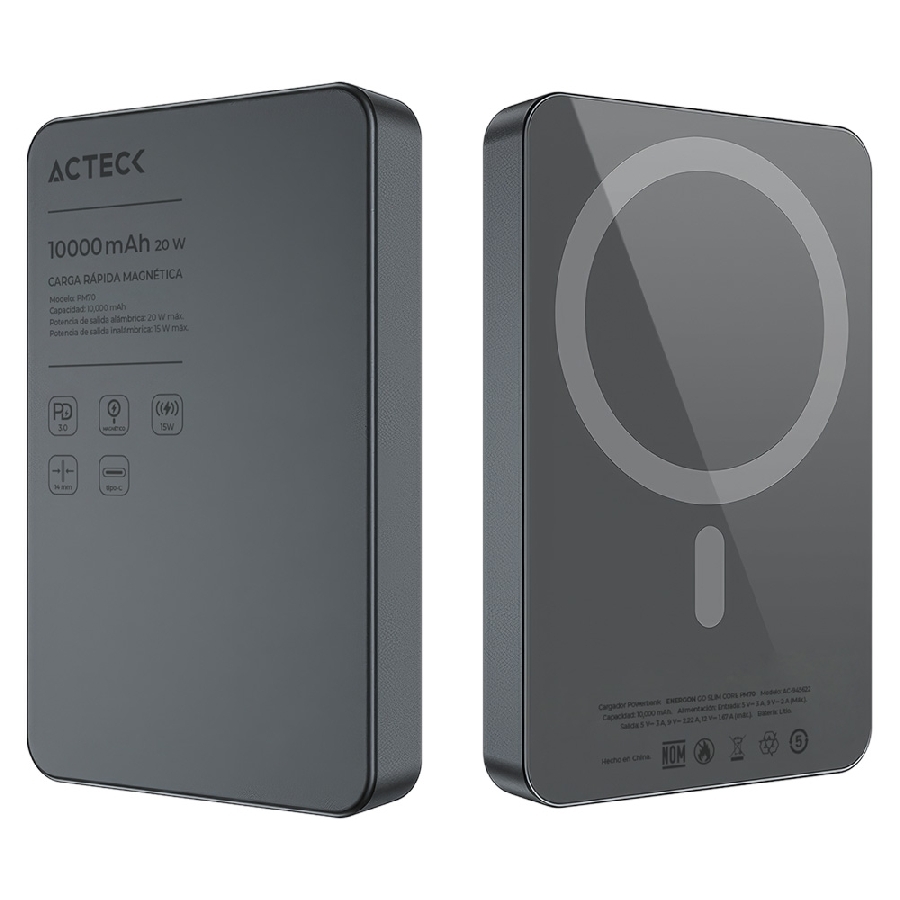 [AC-13755] CARGADOR POWERBANK ACTECK ENERGON GO SLIM CORE PM70 / CAPACIDAD DE 10,000 MAH / CARGA INALAMBRICA MAGNETICA / 20 W QI2 / DISEÑO SUPER DELGADO / 3C STANDARD / ELITE SERIES / NEGRO / AC-945622