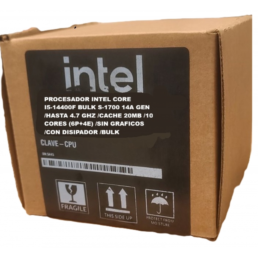 [CP-1502] PROCESADOR INTEL CORE I5-14400F BULK S-1700 14A GEN /HASTA 4.7 GHZ /CACHE 20MB /10 CORES 6P4E /SIN GRAFICOS /CON DISIPADOR INTEL BXTSRM1 FOR TRAY CPUS LGA 1700 SOCKET